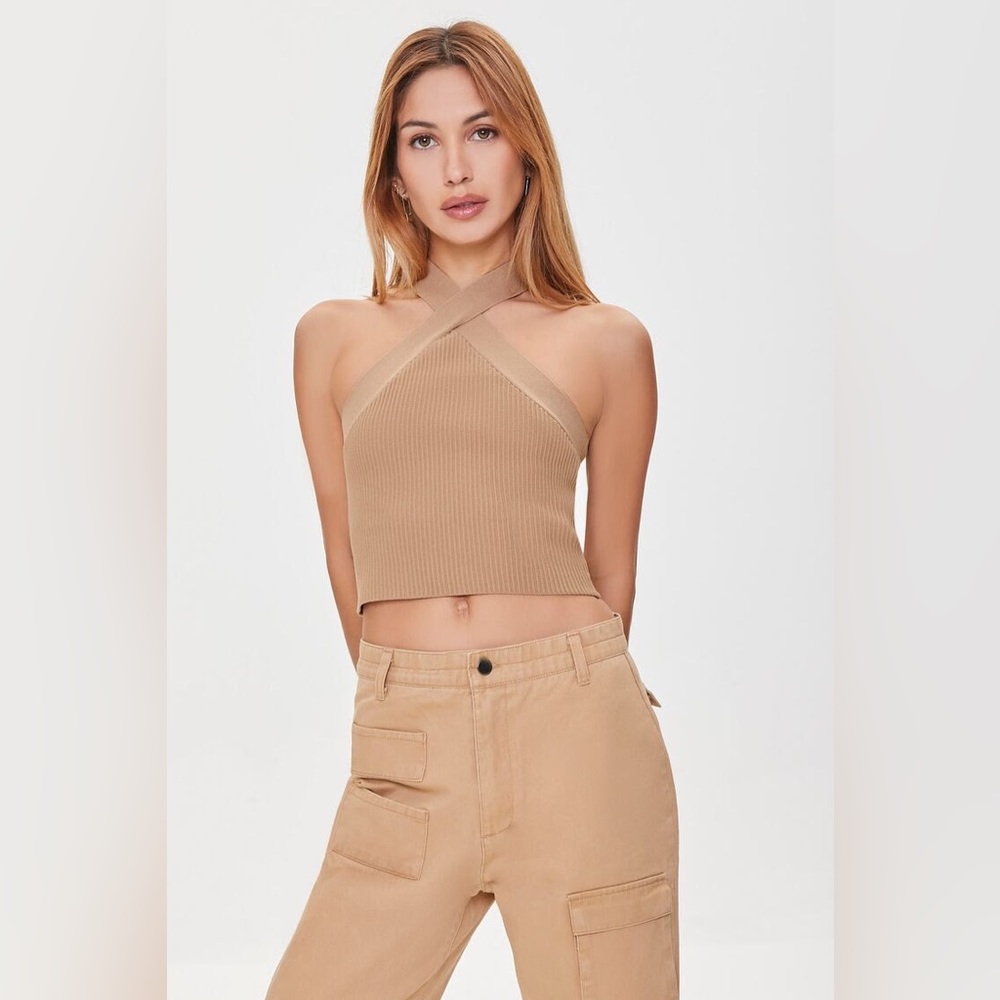 Tan Sweater Halter Crop Top